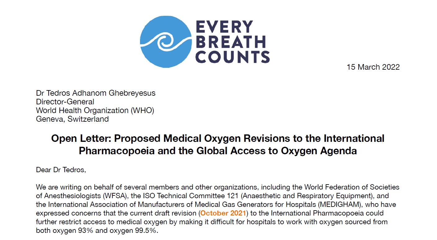 Lettre ouverte sur les propositions de révision de la pharmacopée internationale relatives à l'oxygène médical et sur le programme mondial d'accès à l'oxygène